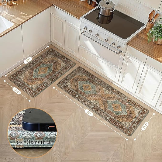 GENIMO Kitchen Mats for Floor 2PCs, Washable Anti Fatigue Mat for Cushioned, 17.3"x47"+17.3"x30", Waterproof Kitchen Rugs, Non Slip Comfort Standing Mat Rug for Home, Sink, Laundry, Brick