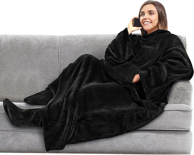 PAVILIA Fleece Blanket with Sleeves, Foot Pockets for Women Men Adults, Plush Wearable Blanket Throw Wrap, Warm Snuggle Blanket Robe, Cozy Gift Ideas Wife Mom, Black