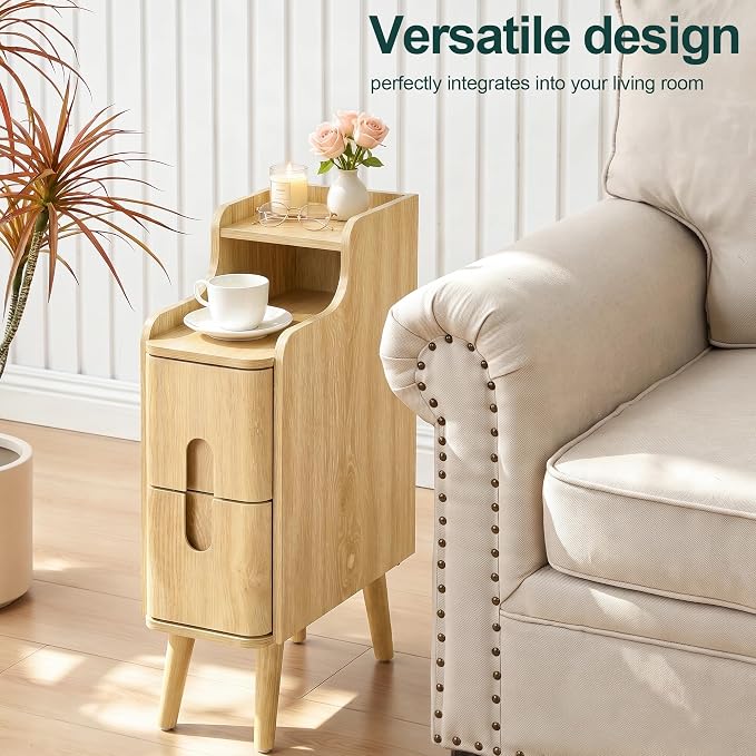 FurSch Narrow Nightstand, Wooden 2 Drawer, Skinny Bedside Table, Mid Century - Image 5