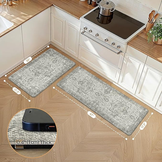 GENIMO Kitchen Mats for Floor 2PCs, Washable Anti Fatigue Mat for Cushioned, 17.3"x47"+17.3"x30", Waterproof Kitchen Rugs, Non Slip Comfort Standing Mat Rug for Home, Sink, Laundry, Stone Gray