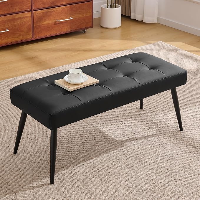 LOULENS Faux Leather Entryway Bench, Modern Upholstered Bench, Matte Black | - Image 8