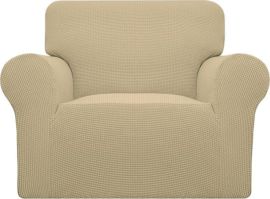 Easy-Going Stretch Chair Sofa Slipcover 1-Piece Couch Sofa Cover Furniture Protector Soft with Elastic Bottom for Kids, Pet. Spandex Jacquard Fabric Small Checks (Chair, Beige)
