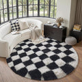 Checkered Round Rug 6ft for Playroom Black and White Soft Shag | Machine by PureCozy