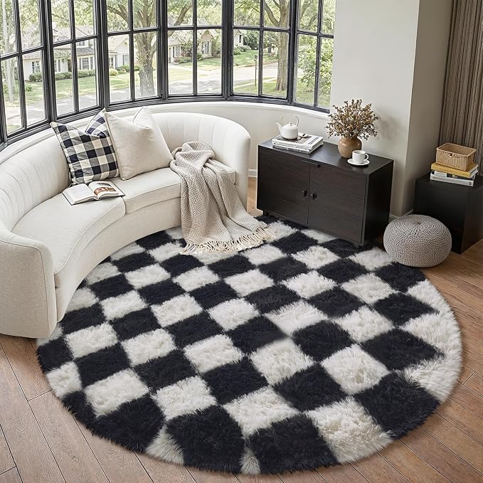 Checkered Round Rug 6ft for Playroom Black and White Soft Shag | Machine by PureCozy