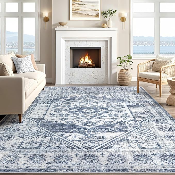 cotiled 9x12 Area Rug for Living Room, Traditional, Distressed Blue - Image 6