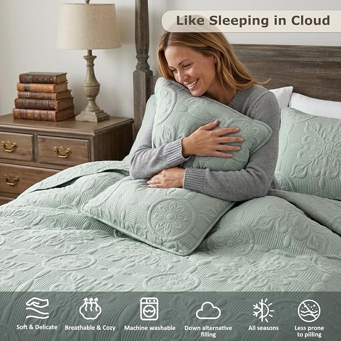 B2EVER Sage Green Damask Quilt Twin Size Bedding Sets - Image 3