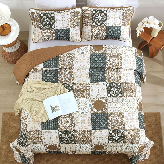 Dobuyly Patchwork Quilt Set Queen Size, Boho Farmhouse Bedspread Brown | - Image 3