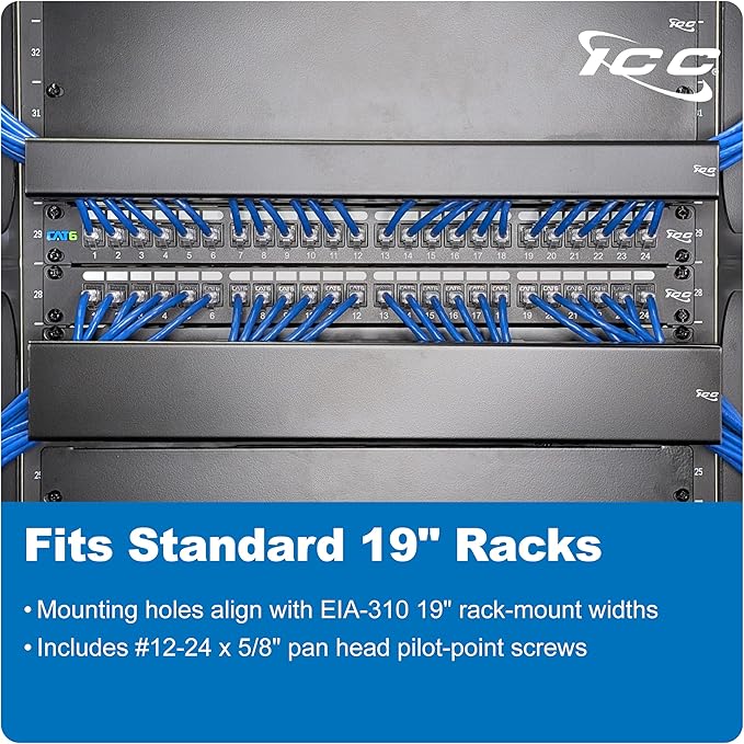 ICC 2U Ring Cable Manager Panel with Cover, Metal, 3" D-Rings, Horizontal Cable Management, Rackmount for 19” Network Racks, Black, Single Pack
