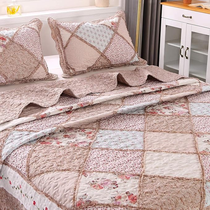 Full/Queen Size Quilt Set Pink Floral Patchwork Bedspreads Bedding Set | - Image 4