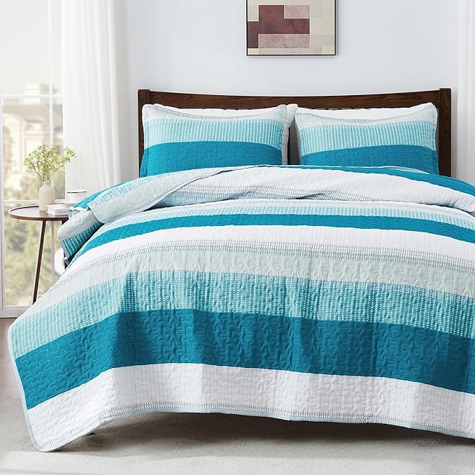 Queen Quilt Set Teal White, 3 Pieces Striped Bedspread | Ultra Soft Summer by Andency