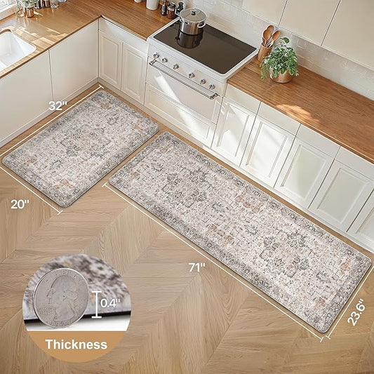 GENIMO Kitchen Mats for Floor 2PCs, Washable Anti Fatigue Mat for Cushioned, 23.6"x71"+20" x 32", Waterproof Kitchen Rugs, Non Slip Comfort Standing Mat Rug for Home, Sink, Laundry, LightTaupeBrown