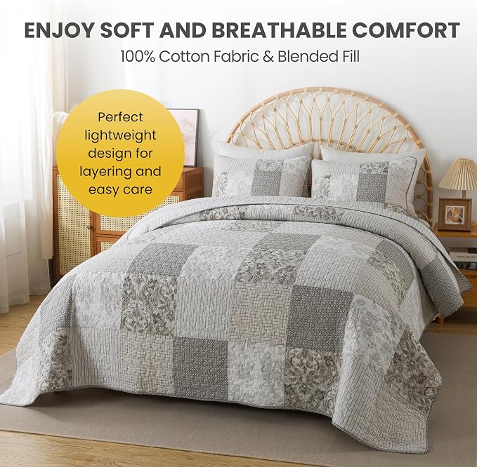 SLPR - Silver Linings Patchwork Gray Cotton Quilt Set, King - Image 3