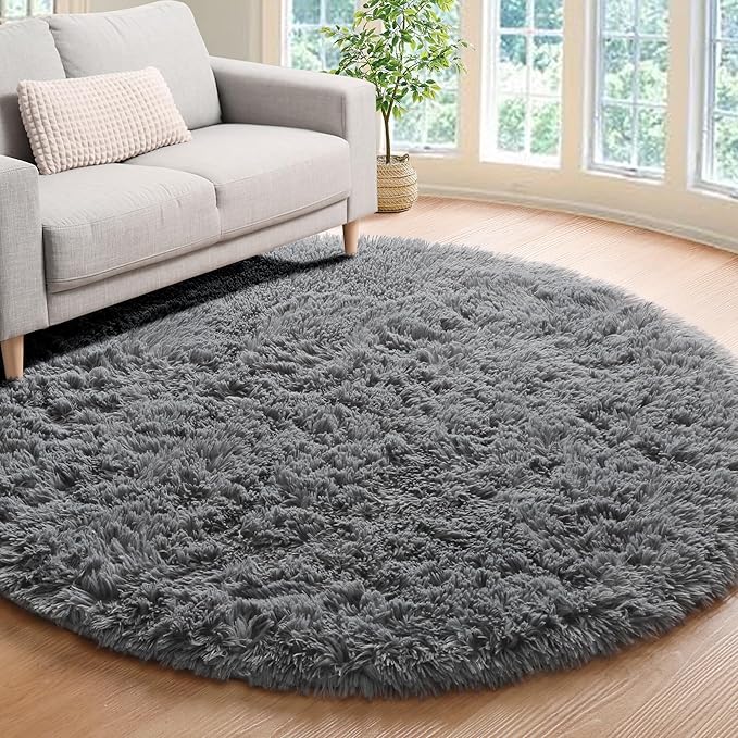 Grey Round Area Rug 4ft, Fluffy Plush Shaggy Carpet Mats by ONASAR