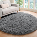 Grey Round Area Rug 4ft, Fluffy Plush Shaggy Carpet Mats by ONASAR