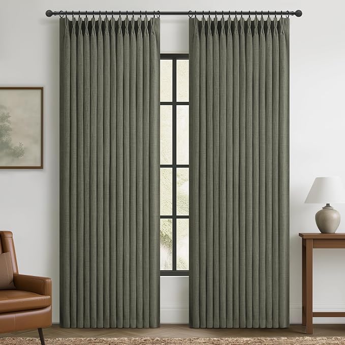 Greenish Grey Extra Wide Blackout Pleated Linen Curtains 90 Inches Long | by PleatedDrapes