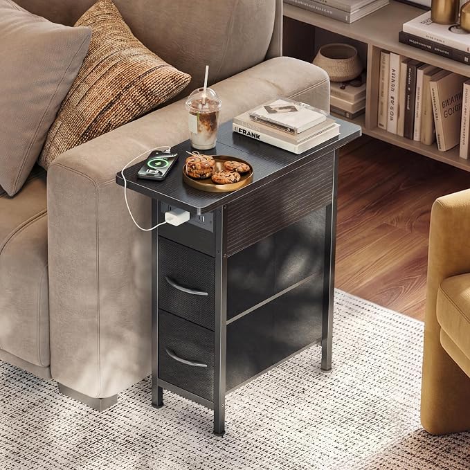 Huuger Narrow End Table with Charging Station, Side Table with 2 Drawers | Slim - Image 2