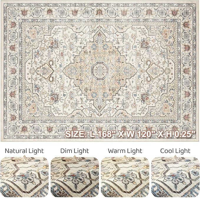 10x14 Area Rugs Living Room: Washable Boho Large Neutral Vintage Soft Rug Stain Resistant Farmhouse Non Slip Indoor Floor Carpet for Bedroom Nursery Kids Playroom Office Dining Room- Cream Blue