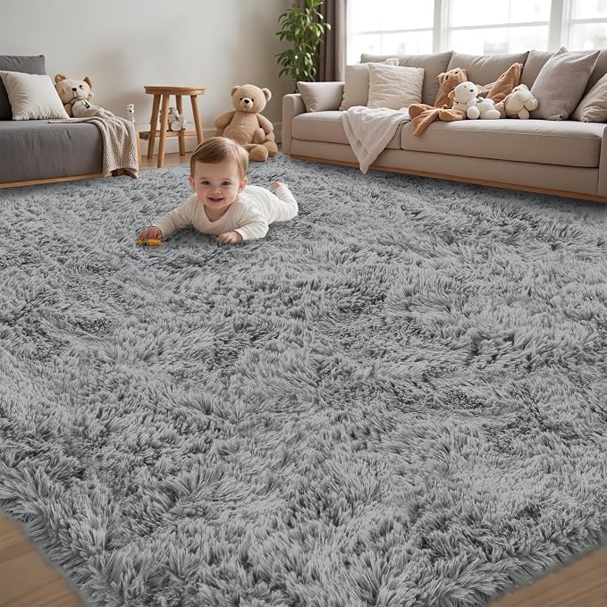 8x10 Area Rug for Living Room, Light Gray Fluffy Shag Non-Slip Bedroom Rugs | by Unknown
