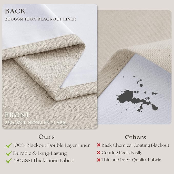 60 Inch Wide Pinch Pleated 100% Blackout Curtains 90 Inches Long, Natural | - Image 5