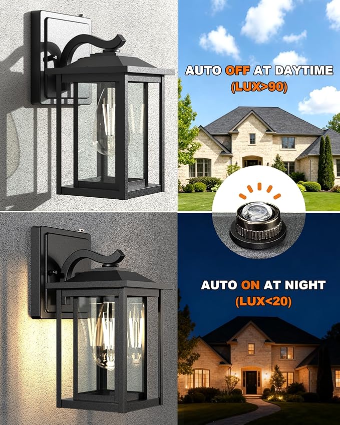 LTBLIGHT 2-Pack Dusk to Dawn Outdoor Light Fixtures, Modern Black Sensor Porch Light Fixtures, Waterproof Exterior Lighting for House, Yard, Entryway, Garage, 120V