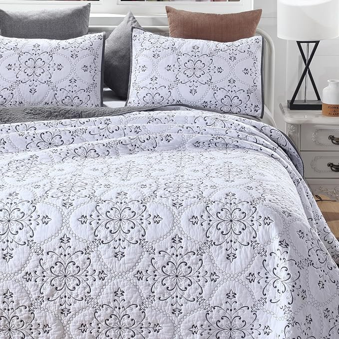 ROOMLIFE Quilt Set King Size 3D Floral Embroidery Pattern 3-Piece Cotton - Image 3