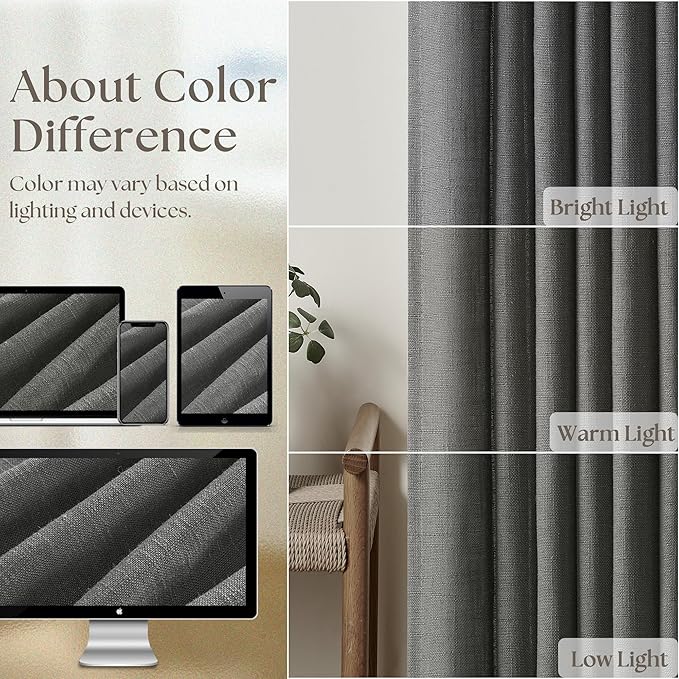 Charcoal Grey Pinch Pleated Linen Curtains 108 Inches Long for Living Room 2 Panels Set Flax Double Pleated Drapes Back Tab Farmhouse Neutral Ceiling Floor 108 Inch Window Curtains Bedroom Dark Grey