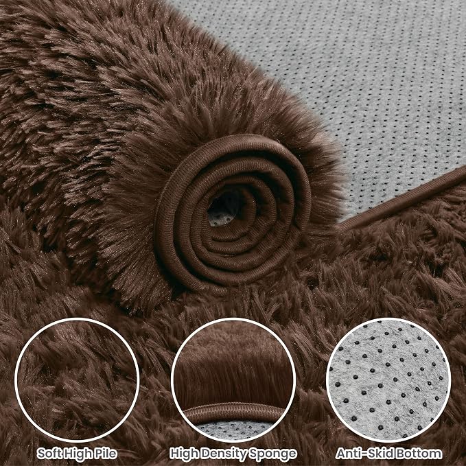8x10 Fluffy Shag Area Rugs for Living Room Bedroom: Soft Plush Carpet Brown | - Image 6