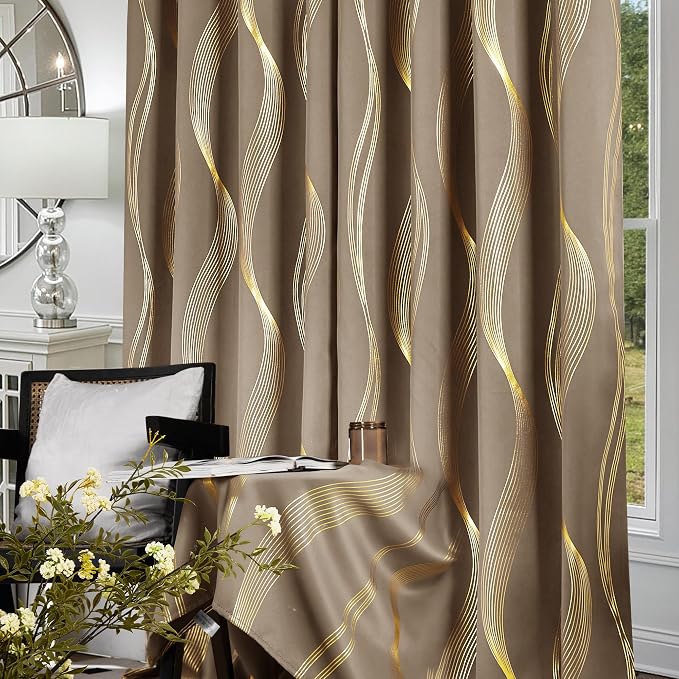 Deconovo Blackout Curtains, Wave Golden Foil Print Room Darkening Thermal - Image 3