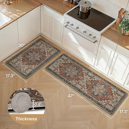 GENIMO Kitchen Mats for Floor 2PCs, Washable Anti Fatigue Mat for Cushioned, 17.3"x47"+17.3"x30", Waterproof Kitchen Rugs, Non Slip Comfort Standing Mat Rug for Home, Sink, Laundry, Bordeaux