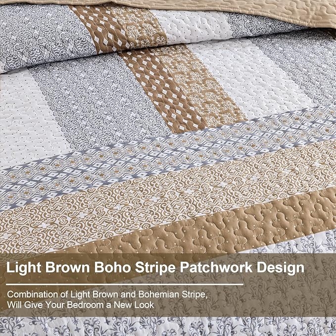 WONGS BEDDING Brown Queen Quilt Bedding Set, Bohemian Stripe Bedspread | - Image 5