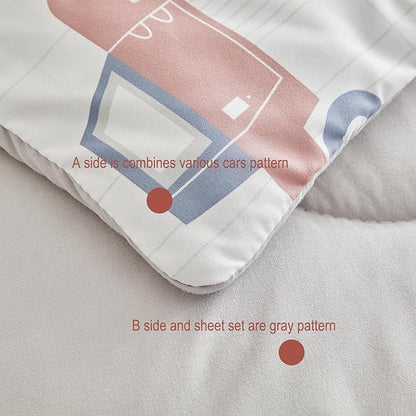 JHXHMX Car Toddler Bedding Set for Boys,4 Piece Bed-in-a-Bag Toddler Comforter Set,Soft Crib Bed Set Including Comforter,Flat Sheet,Fitted Sheet and Pillowcase-Gray