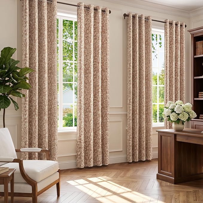 jinchan Taupe Floral Blackout Curtians 84 Inch Vintage Grommet 2 Panels | Room - Image 7