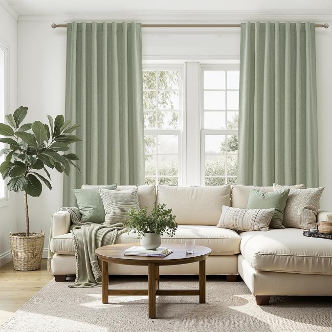Sage Green Blackout Linen Curtains 102 Inches Long - Image 6