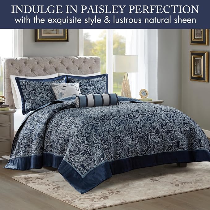 Madison Park Reversible Jacquard Quilted King Bedspread Set Navy, All-Season - Image 2