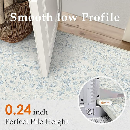 2x3 Blue Entryway Area Rug Machine Washable Door Mat Kitchen Vintage Distressed Non Slip Carpet Indoor Retro Floral Accent Throw Small Rug for Bathroom Office Bedroom Living Dining Room