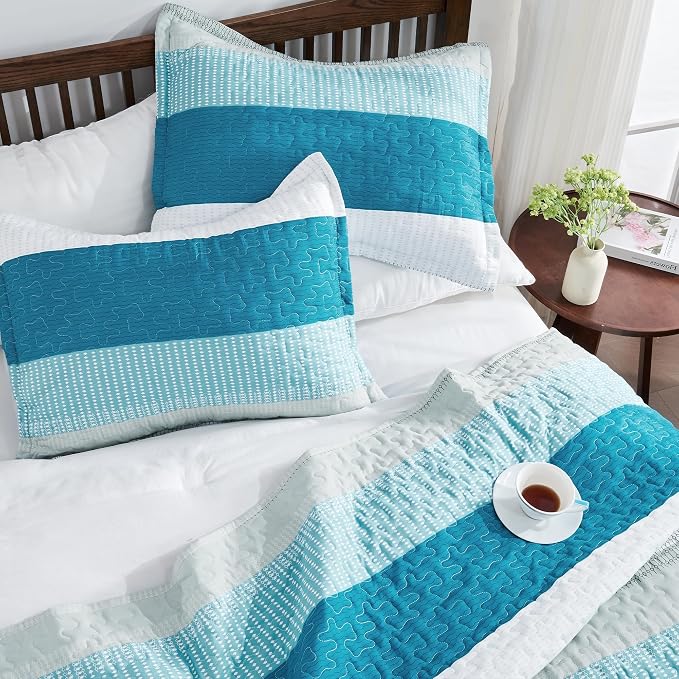 Queen Quilt Set Teal White, 3 Pieces Striped Bedspread | Ultra Soft Summer - Image 3