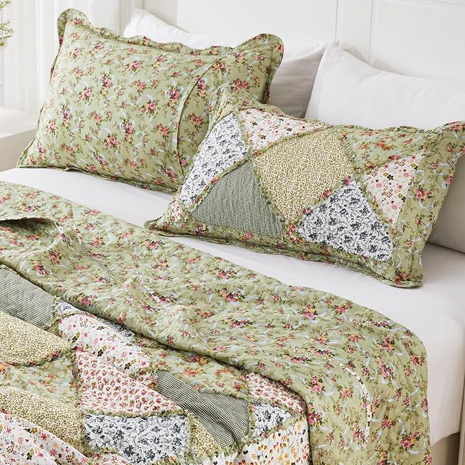 King Size Quilt Set Green Floral Patchwork Quilted Bedspreads Coverlet Set | - Image 5