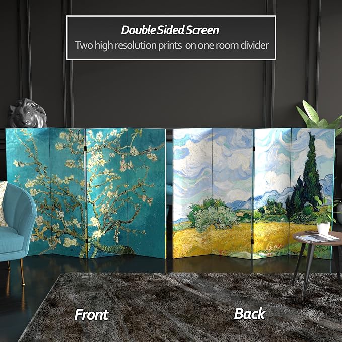 Red Lantern Double Sided Works of Van Gogh Canvas Folding Screen - Image 2