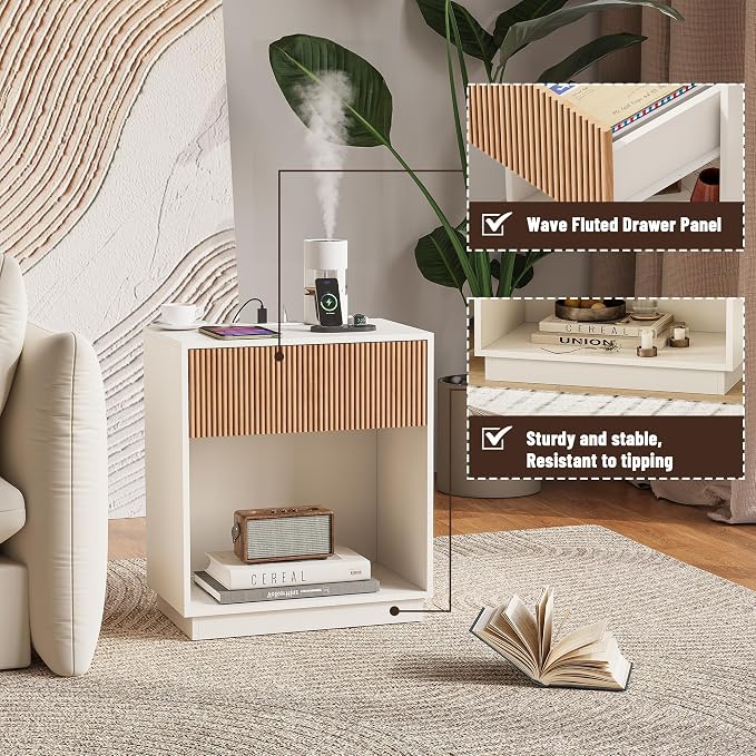 End Table with Charging Station, Fluted Nightstands Set of 2, Modern Bedside - Image 4