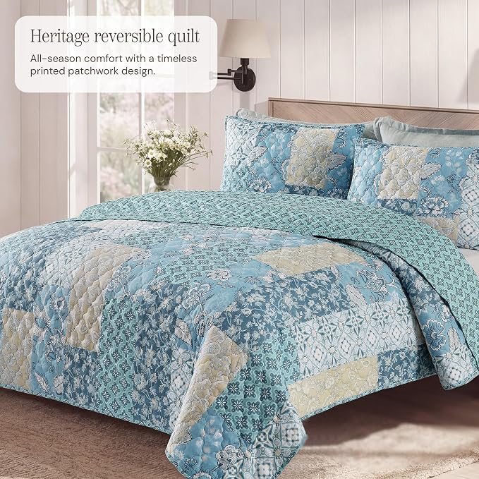 Queen Quilt Set-3 Pieces Soft Bedding Lightweight Floral Patchwork Coverlet | - Image 2