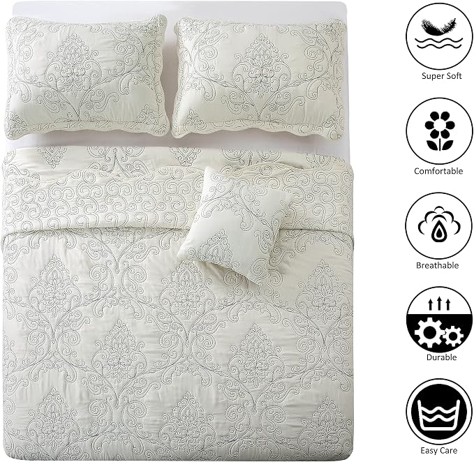 Home Soft Things Damask 4 Piece Bedspread Set, Scalloped Edge Reversible - Image 3