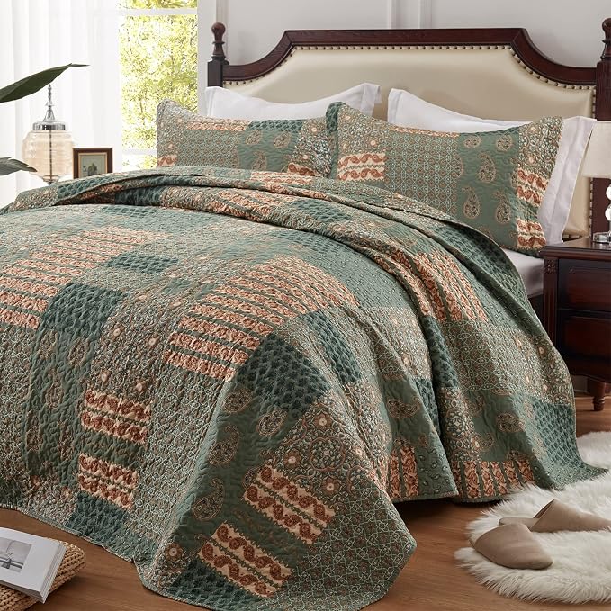 Quilt Set King Size 3 Piece Bedspread Lightweight Microfiber Floral Paisley by LEAONME