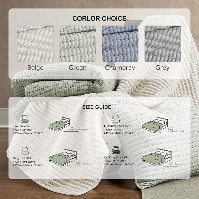 WDCOZY Chambray Pick Stitch Queen Size Quilt Set, Denim Blue Striped - Image 9