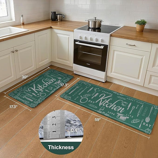 GENIMO Anti Fatigue Kitchen Mats for Floor, Non Slip Washable Kitchen Theme Rugs sets of 2, Farmhouse Cushioned Waterproof Comfort Runner Rug for Kitchen, Sink, Desk, Laundry, 17"x 59"+17"x 30", Green