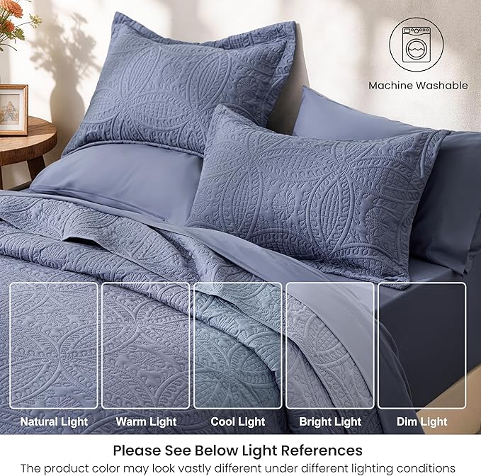 Love's cabin King Quilt Set Bluish Grey, Bed in a Bag King Size Bedding 7 Pcs - Image 7