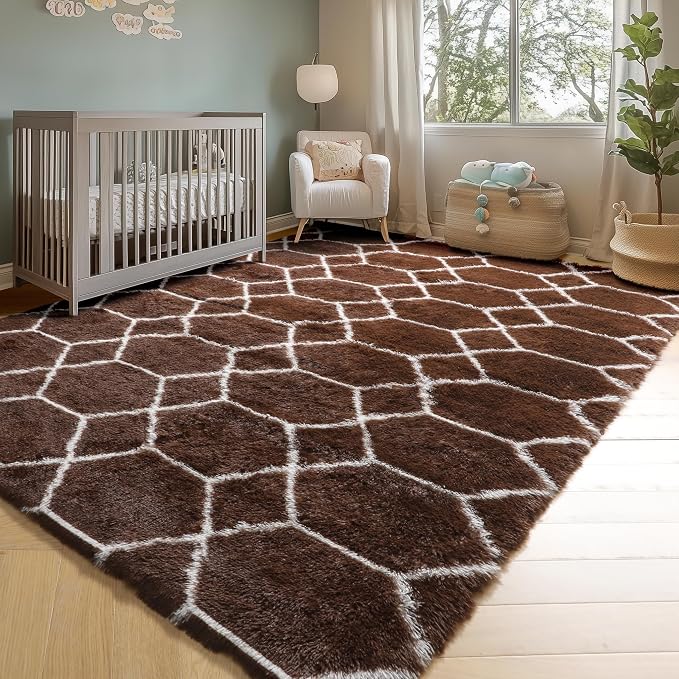 5x7 Area Rugs for Living Room Bedroom, Fluffy Brown and White Throw Rug - Image 6