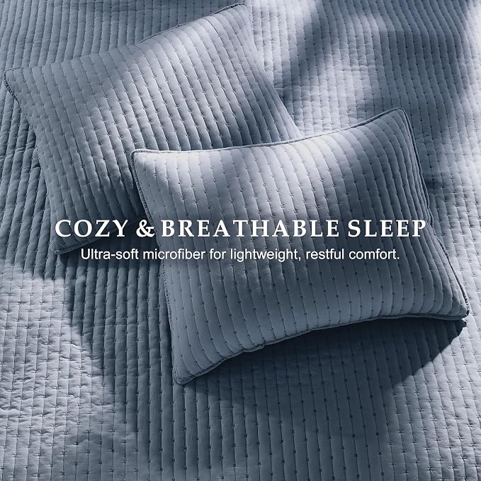 WDCOZY Blue Cross Stitch Twin Size Quilt Set, Striped Lightweight Soft Bedspread - Image 7
