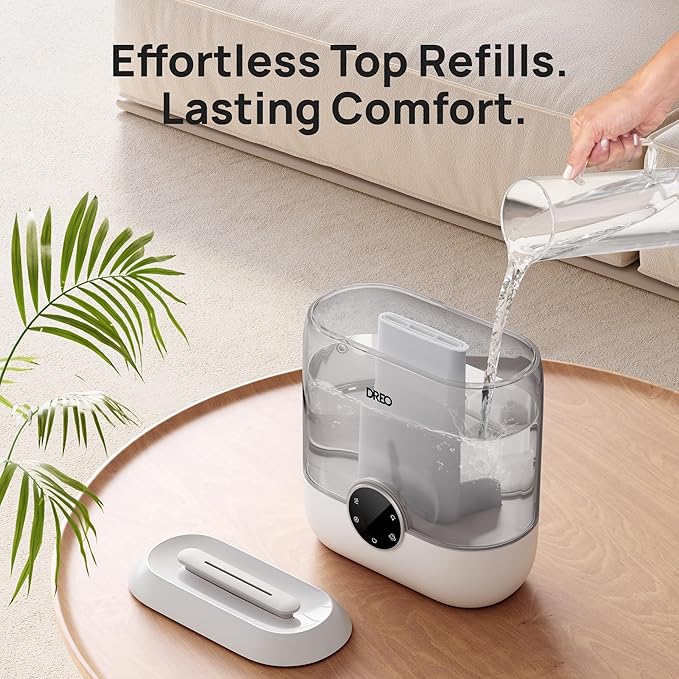 DREO 6L Top Fill Humidifiers for Bedroom, 60H Runtime 28 dB Quiet Supersized Cool Mist Air Humidifiers for Large Room, Baby Nursery, Plant, Indoor, Night Light, Easy to Clean, Precise Humidity Control