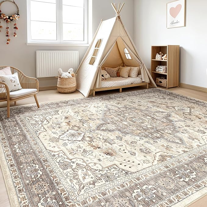 10x12 Area Rug Living Room: Washable Boho Large Neutral Vintage Soft Rugs Stain Resistant Farmhouse Non Slip Indoor Floor Carpet for Bedroom Nursery Kids Playroom Office Dining Room- Beige Brown