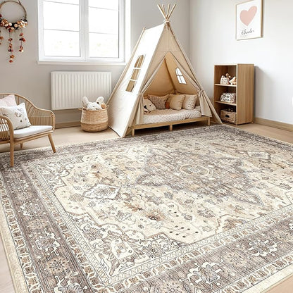12x18 Rug Living Room: Washable Boho Large Neutral Vintage Soft Rugs Stain Resistant Farmhouse Non-Slip Indoor Floor Carpet for Bedroom Nursery Kids Playroom Office Dining Room- Beige Brown